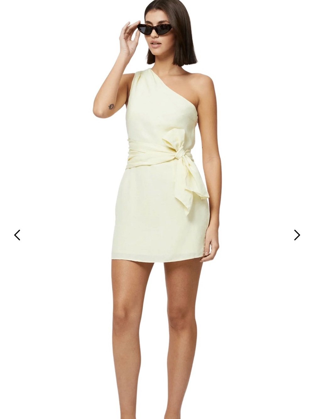 French Connection linen One-Shoulder Tie-Waist Mini Dress in Pale Yellow